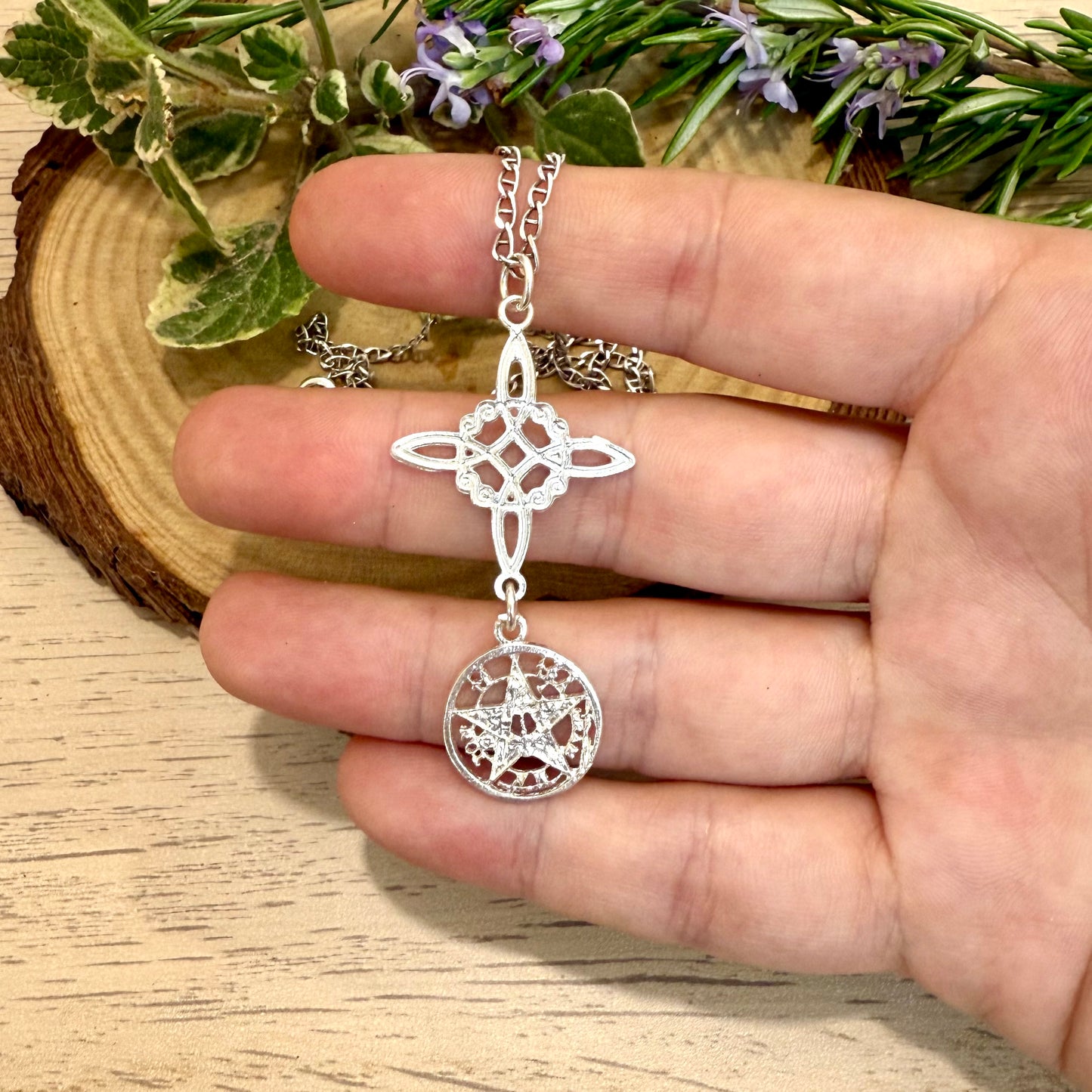 Doble Protección Nudo de Bruja+Tetragramatón 5cm Plata 925